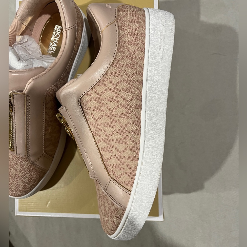 Michael Kors Keaton Zip Slip On Pink Sneakers with Gold Accents - Picture 2 of 4